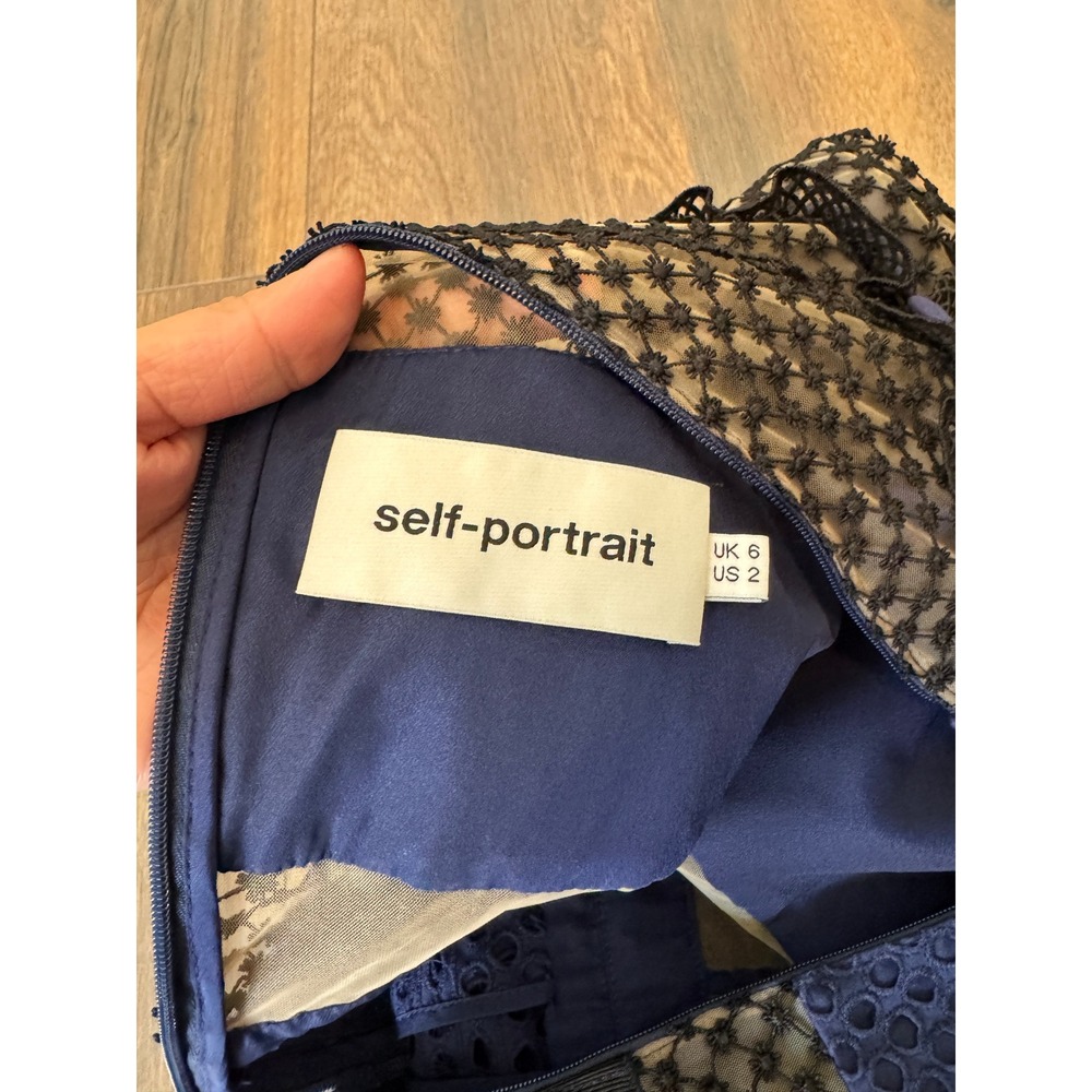 Self-Portrait Navy Blue Guipure Lace Mesh Midi Dress Collared Short Sleeve US 2 - Picture 2 of 3